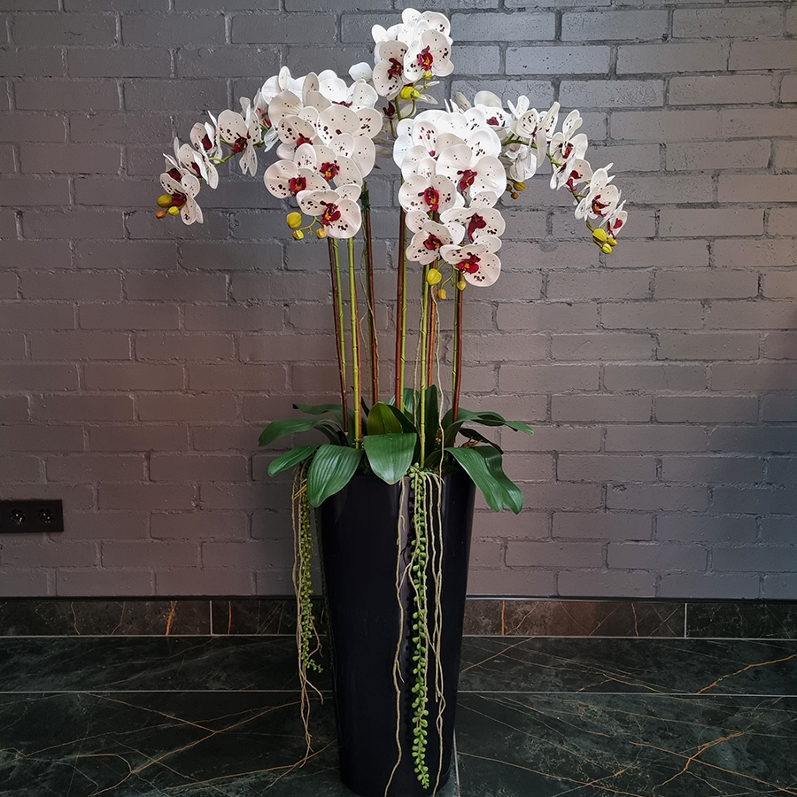 7 искусственных фаленопсисов в высоком, напольном кашпо.