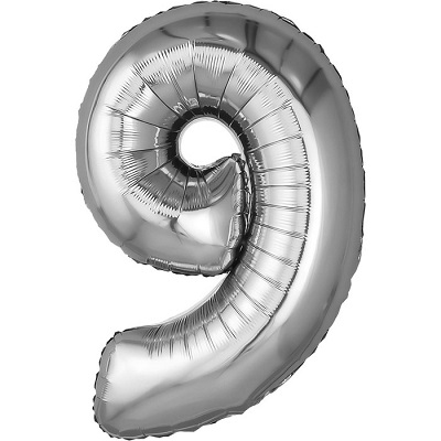 Шар фольгированный "Цифра 9", серебряный.